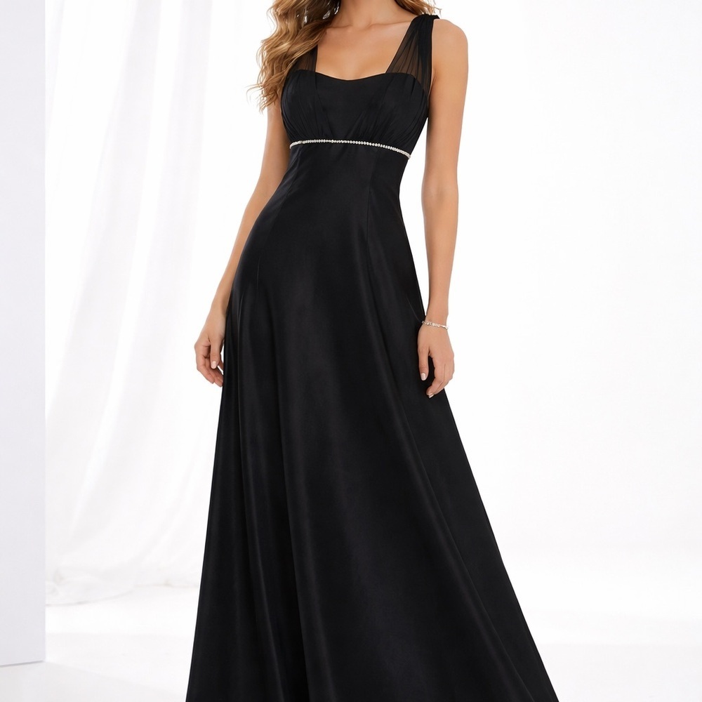 Fiesta Black Formal Prom Dress Rhinestone Empire Waist Chiffon Straps Sz L
